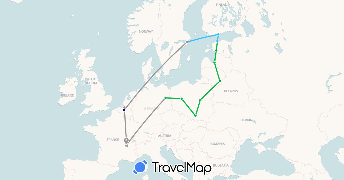 TravelMap itinerary: driving, bus, plane, boat in Germany, Estonia, Finland, France, Lithuania, Latvia, Poland (Europe)